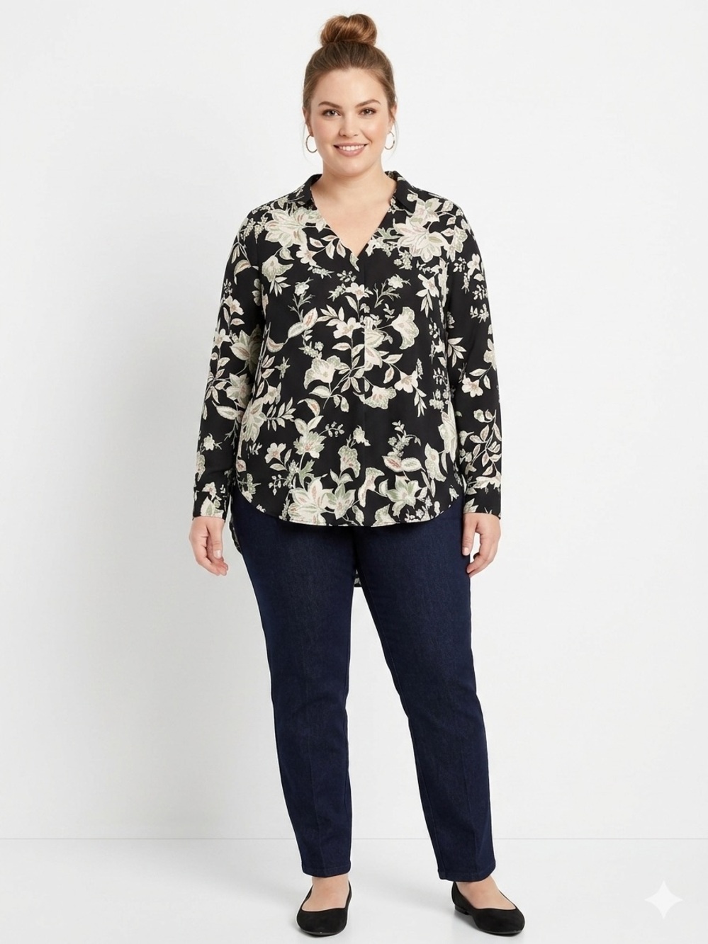 Maurices NWOT Floral Long Sleeve Blouse in Black, Cream & Sage No Stretch